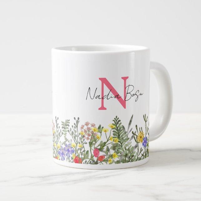 Café Grande Caneca floral de prado de flores silvestres aquare (Frente Esquerda)