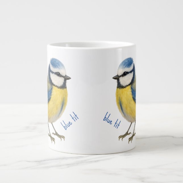 Café Grande Caneca Pássaro Chapim-azul, Arte de Pássaro de Jar (Frente)