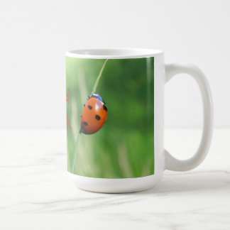 Café Joaninha numa folha de grama Caneca