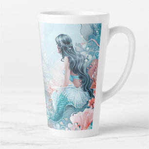 Café Latte Caneca Alta de Látex Sereia Coral e Turquesa