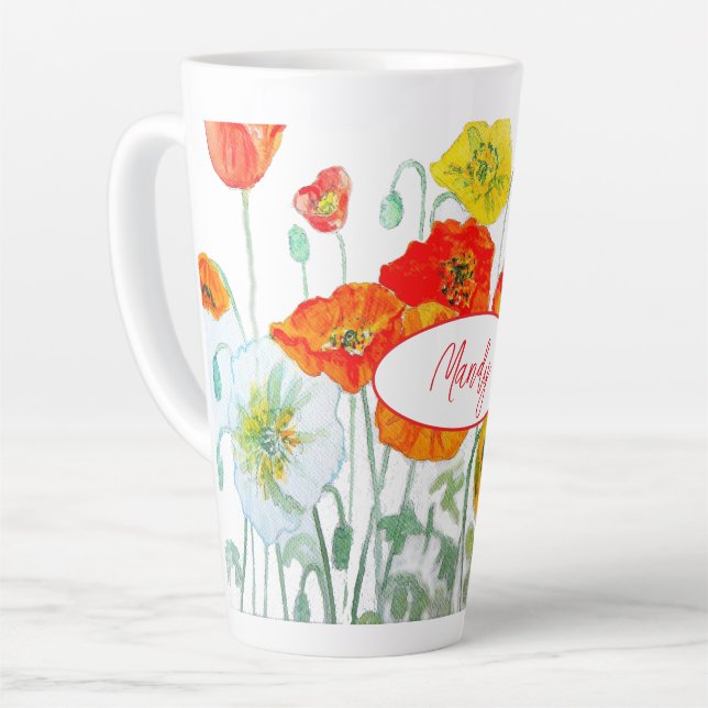 Café Latte Caneca de água com padrão de flor de papoula laran (Ângulo esquerdo)