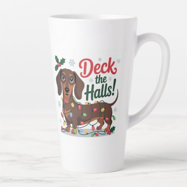 Café Latte Caneca de Natal Dachshund – Deck the Halls Feriado (Direita)