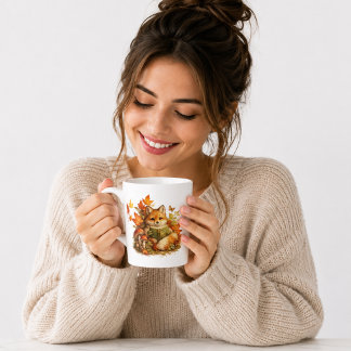 Café Latte Caneca de Raposa Adorável de Outono Lendo Livro | 