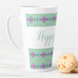 Café Latte Caneca Florida Roxa de Aniversário em Azul Turques