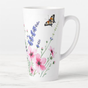 Café Latte Caneca Lateral - Flores de Lavanda e Rosa, Borbole