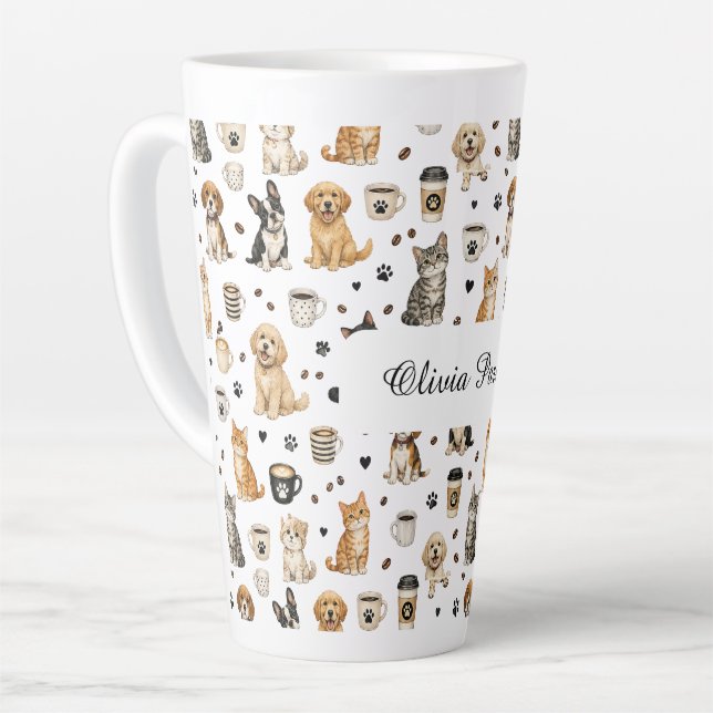 Café Latte Caneca Personalizada com Nome e Padrão de Animais  (Ângulo esquerdo)