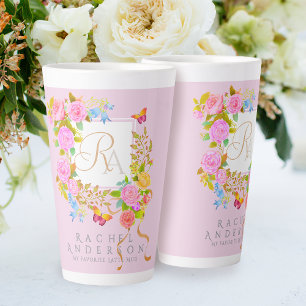 Café Latte Caneca Rosa de Jardim Romântico em Flor com Monogr