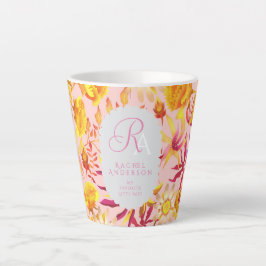 Café Latte Caneca Rosa de Monograma Floral Místico em Flor