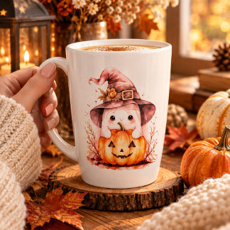 Café Latte Gato Fantasma Fofo com Abóbora | Caneca de Hallowe