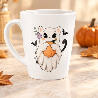 Café Latte Gato Fantasma Fofo com Abóbora | Caneca de Hallowe