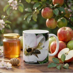 Café Macro Foto de Flor de Maçã e Abelha   Caneca