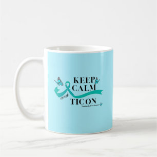 Café Mantenha Calma e Tic na caneca da síndrome de Tour