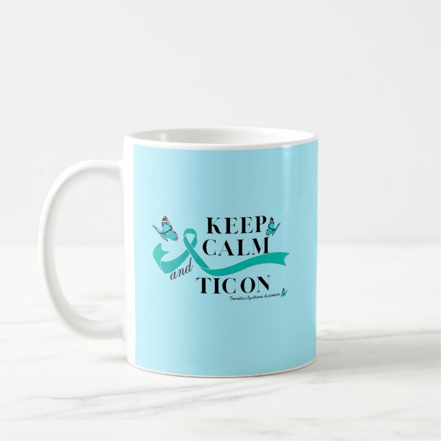 Café Mantenha Calma e Tic na caneca da síndrome de Tour (Esquerda)