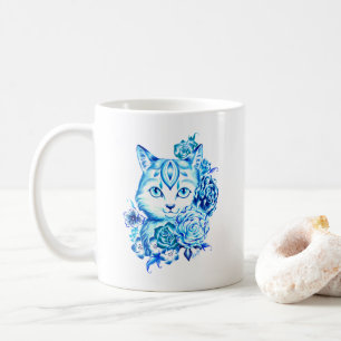 Café Mão elegante caneca azul tirada do gato de 10