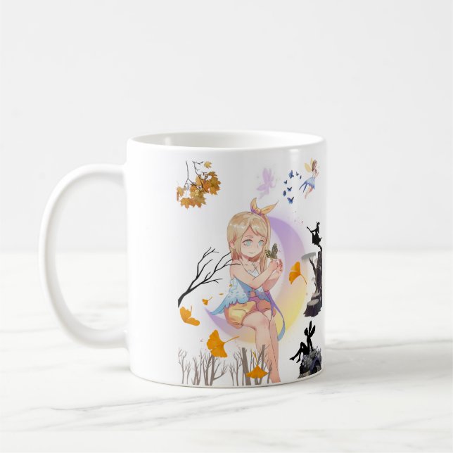 Café Menina Fada Fofa com Borboleta & Veado Caneca de C (Esquerda)