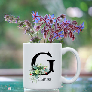 Café Monograma de flores de jardim de aquarelas caneca 
