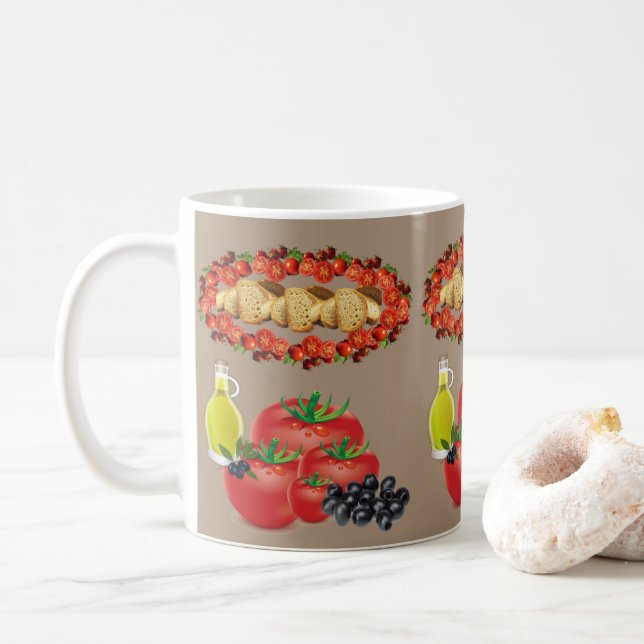 Café Pão Bege, Azeite, Azeitonas, Caneca de Tomate (Com Donut)