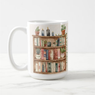 Café prateleira de livros vintage imagem caneca e texto