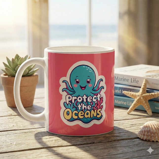 Café Proteja A Caneca De Octopus Oceanos (This adorable octopus, "Protect the oceans" would make a great gift! )
