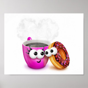 Café quente e um poster da rosquinha