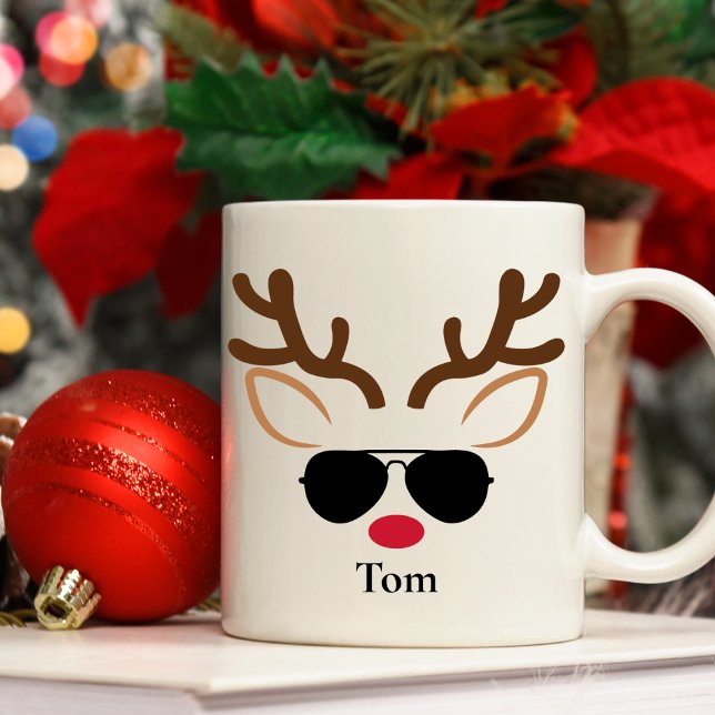 Café Reinador de vidro solar Legal personalizado Caneca (Personalised Cool Sunglass Reindeer Christmas Mug)