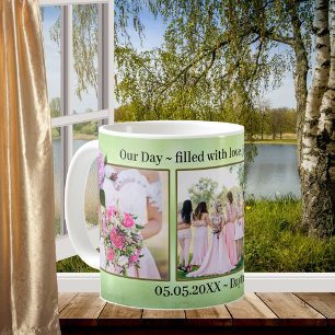 Café Rosas rosa na caneca de fotos de casamento verde