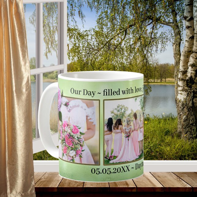 Café Rosas rosa na caneca de fotos de casamento verde (Criador carregado)
