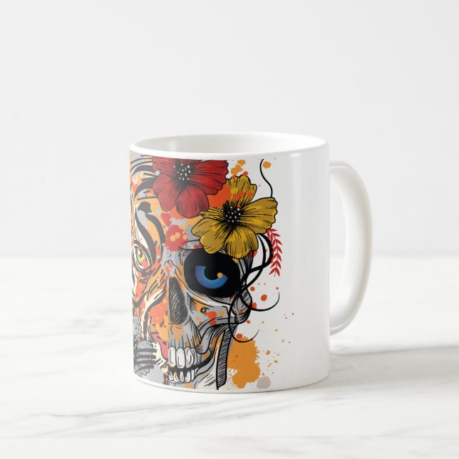 Café Tigre e crânio caneca de arte contemporânea (Frente Esquerda)