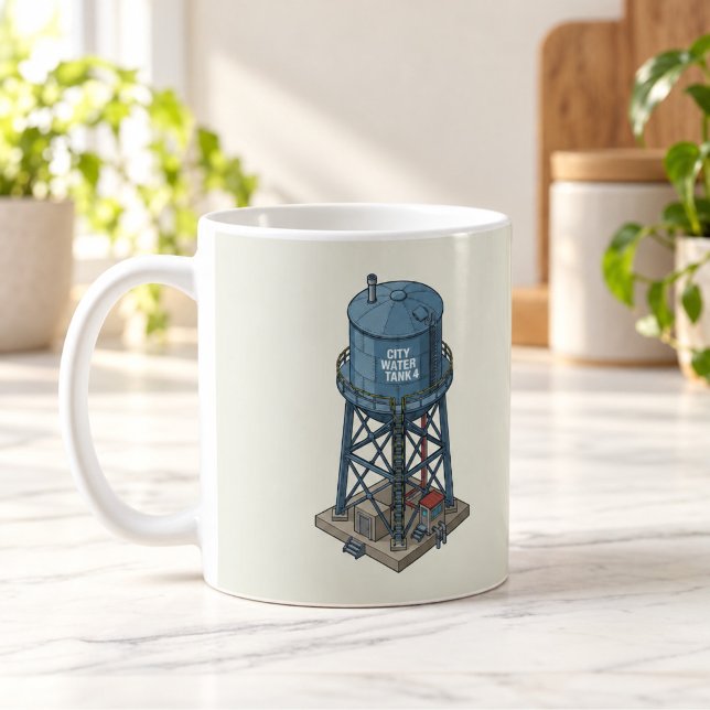 Café Torre de Água da Cidade Isométrica Caneca Retro (Isometric City Water Tower Retro Mug — digital mockup.)