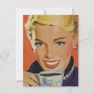 Café Vintage, Mulher Feliz com Xícara de Café Retr