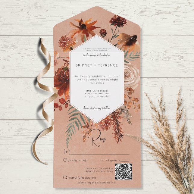 Cair Boho Rust e Peach Frame Floral Código QR (Criador carregado)