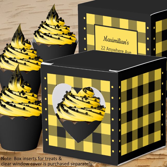 Caixa de Favor - Buffalo Check - Amarelo e Preto - (Buffalo Check - Yellow and Black - Heart Favor Box - Cupcakes - by Leapfroglisics Shop)