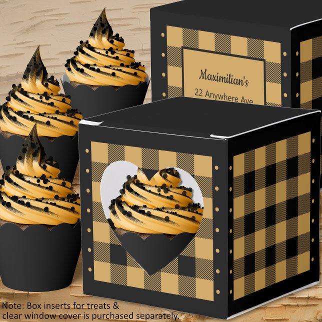 Caixa de Favor - Buffalo Check - Dourado e Preto - (Buffalo Check - Gold and Black - Heart Favor Box - Cupcakes - by Leapfroglisics Shop)