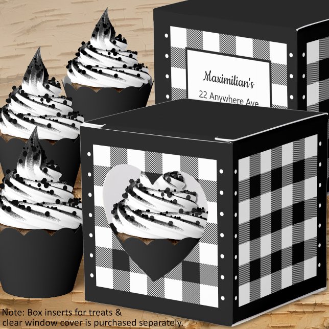 Caixa de Favor com Xadrez de Búfalo - Preto e Bran (Buffalo Check - Black and White - Heart Favor Box - Cupcakes - by Leapfroglisics Shop)
