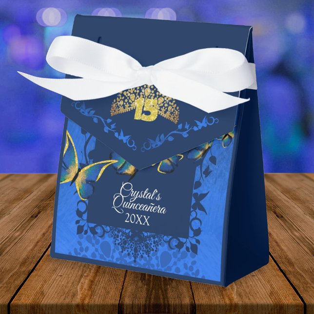 Caixa de Favor da Quinceanera, Borboleta Tiara Dou (royal blue quinceanera gift bag party favor personalized gift box blue gold butterfliy)