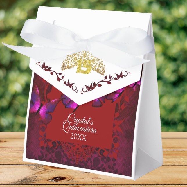 Caixa de Favor da Quinceanera, Borboleta Tiara Dou (Red Quinceanera gift box, favor box to say thank you. Red decorative border, gold tiara & glitter 15)