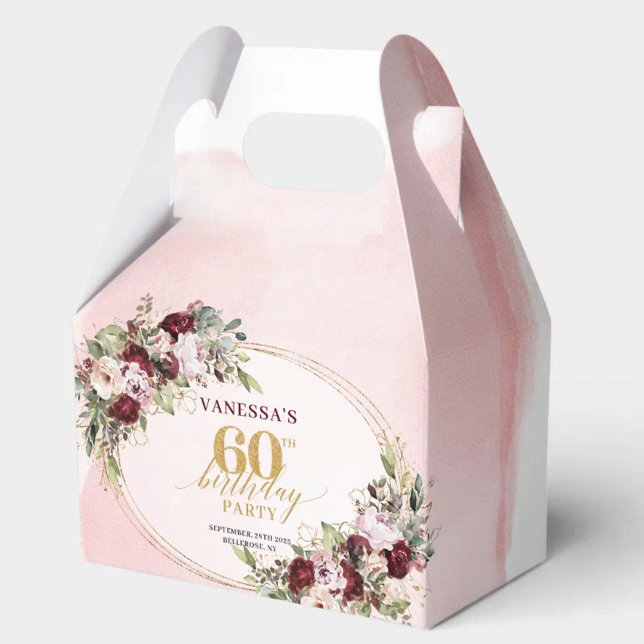 Caixa de Favor de Aniversário de 60 anos Floral Ve (Rustic Boho Deep Red Floral 60th Birthday Favor Box

)