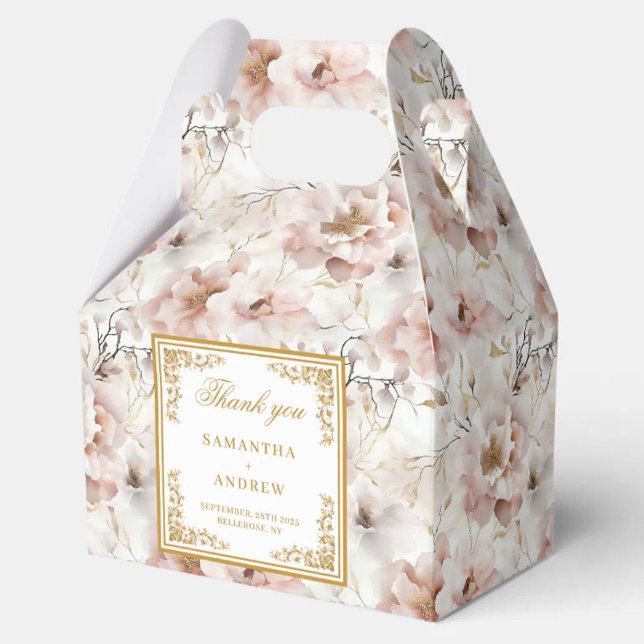 Caixa de favor de casamento floral de marfim de es (Classic blush ivory gold floral wedding favor box)