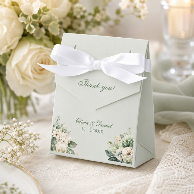 Caixa de Favor de Noiva com Flores em Verde Sage S (Soft Sage Green Floral Wedding Favor Box)
