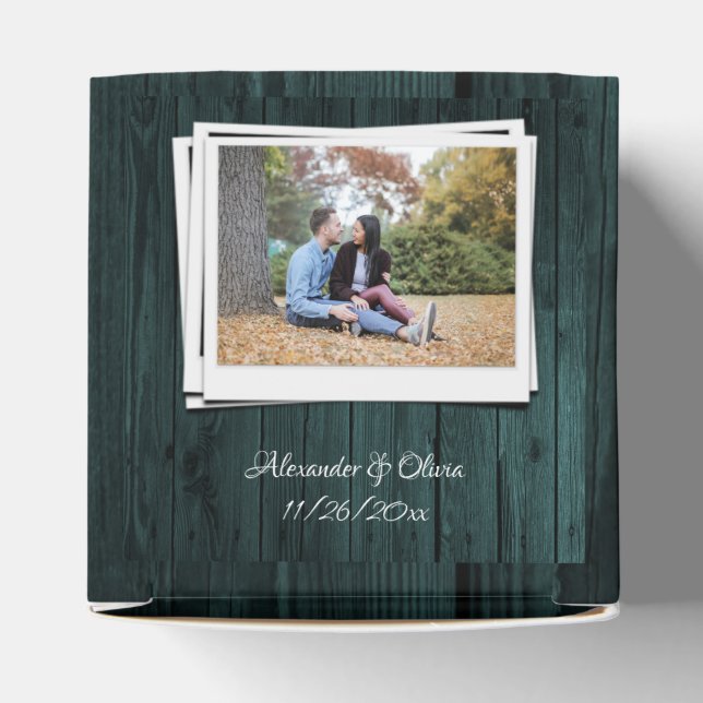 Caixa de Favor do Casamento de Foto em Teal Wooden (Topo)