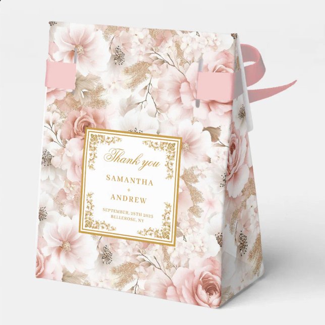 Caixa de Favor do Casamento Dourado de Marfim, Ros (Modern Dusty Pink Ivory Gold Wedding Favor Box)