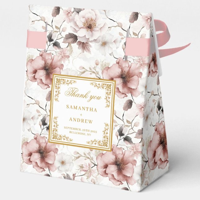 Caixa de Favor do Casamento Floral Dourado Rosa-Ro (Classic Dusty Pink Gold Floral Wedding Favor Box)