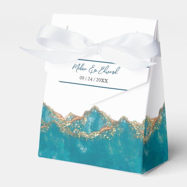 Caixa de Favor do Casamento Marble Azul E Dourado (Frente)