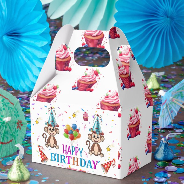 Caixa de Favor Gable de Aniversário Macaco Cupcake (Festa)