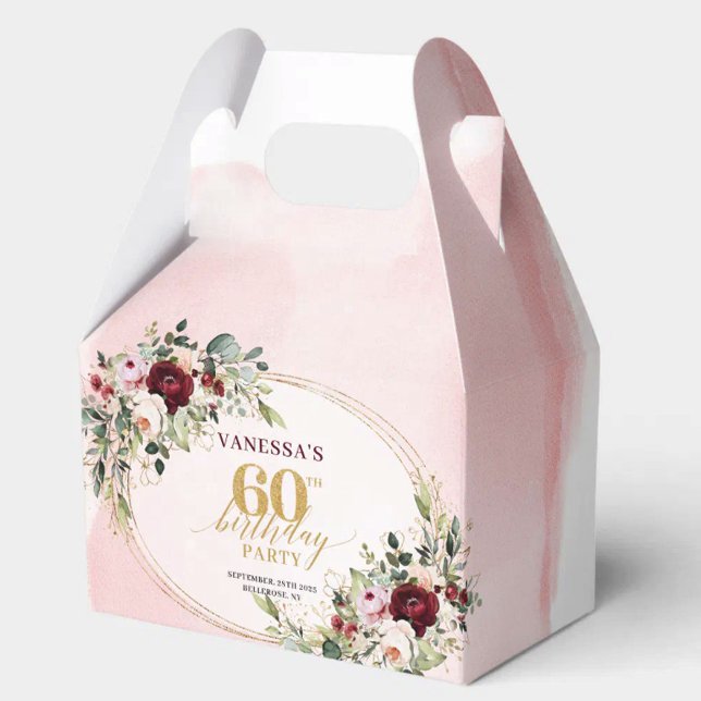Caixa de Favor Personalizada para Aniversário de 6 (Classic Boho Maroon Roses 60th Birthday Favor Box

)