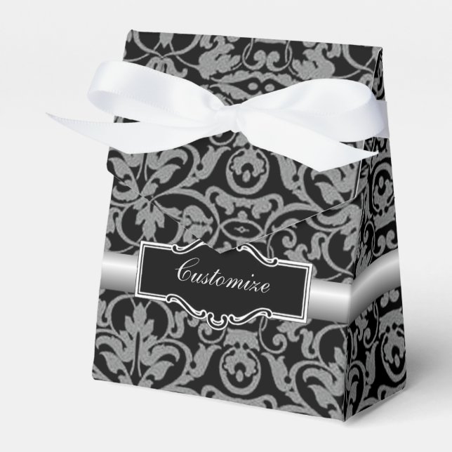 Caixa de Favor Personalizada Preta e Prata Damask (Frente)