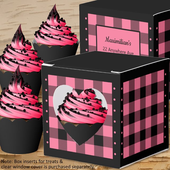 Caixa de Favor - Xadrez Búfalo - Rosa e Preto - Co (Buffalo Check - Pink and Black - Heart Favor Box - Cupcakes - by Leapfroglisics Shop)