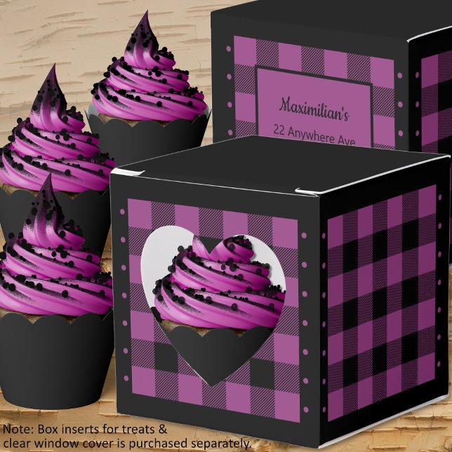 Caixa de Favor - Xadrez de Búfalo - Roxo e Preto - (Buffalo Check - Purple and Black - Heart Favor Box - Cupcakes - By Leapfroglisics Shop)