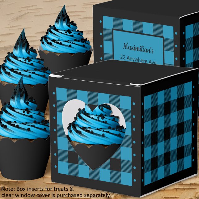 Caixa de Favorito em Xadrez de Búfalo - Azul e Pre (Buffalo Check - Blue and Black - Heart Favor Box - Cupcakes - by Leapfroglisics Shop)