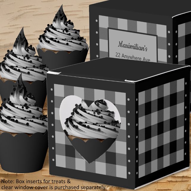 Caixa de Favorito em Xadrez de Búfalo - Cinza e Pr (Buffalo Check - Gray and Black - Heart Favor Box - Cupcakes by Leapfroglisics Shop)
